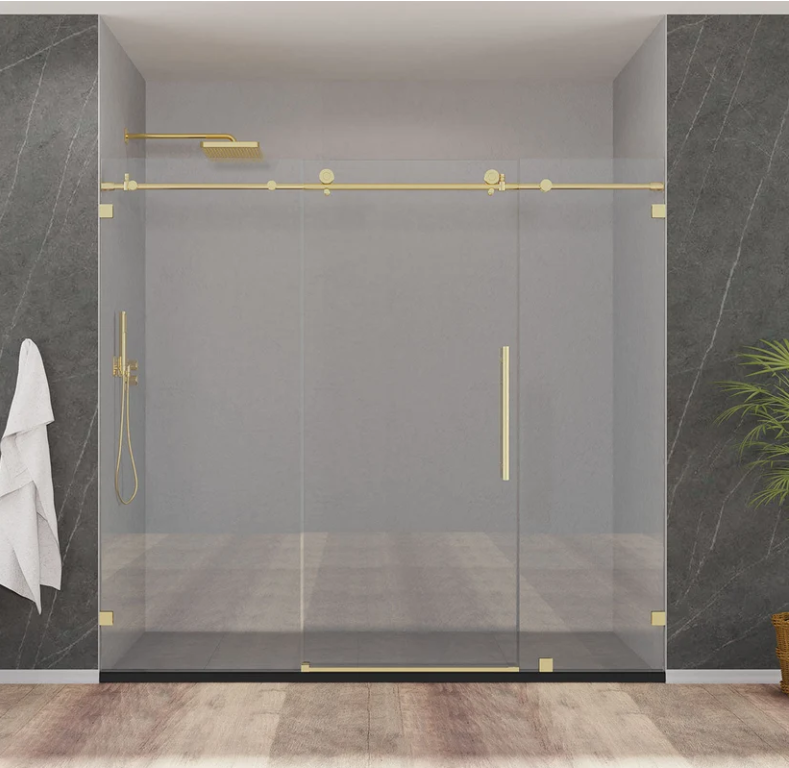 MZ Matthew Series Frameless Single Sliding Shower Door with Klearteck Treatment (3/8" Thickness)(3 Panels) (Brushed Gold)